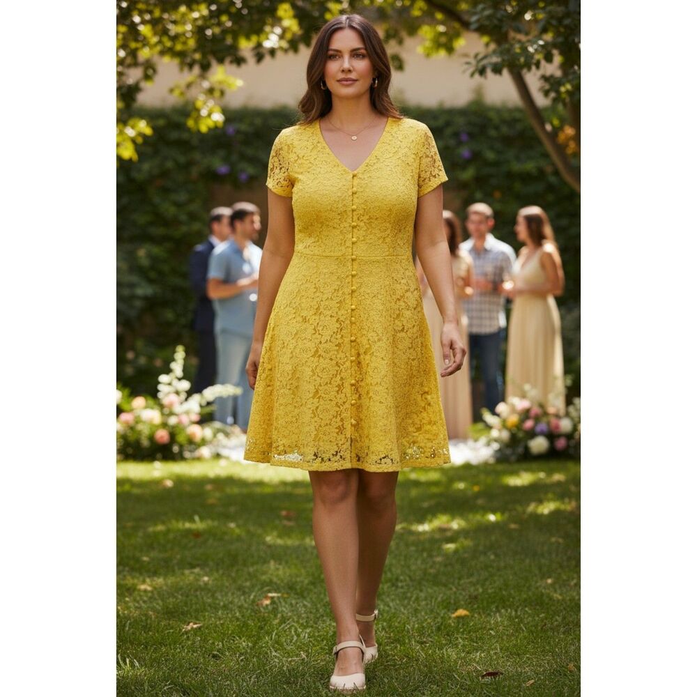 Women's Floral Mini Dress Lace Sheer Mesh A Line Flare Fairy Size 2X Yellow
